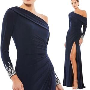 Mac Duggal 12231 BEADED CUFF DROP SHOULDER FAUX WRAP GOWN, Size 4, New with Tag